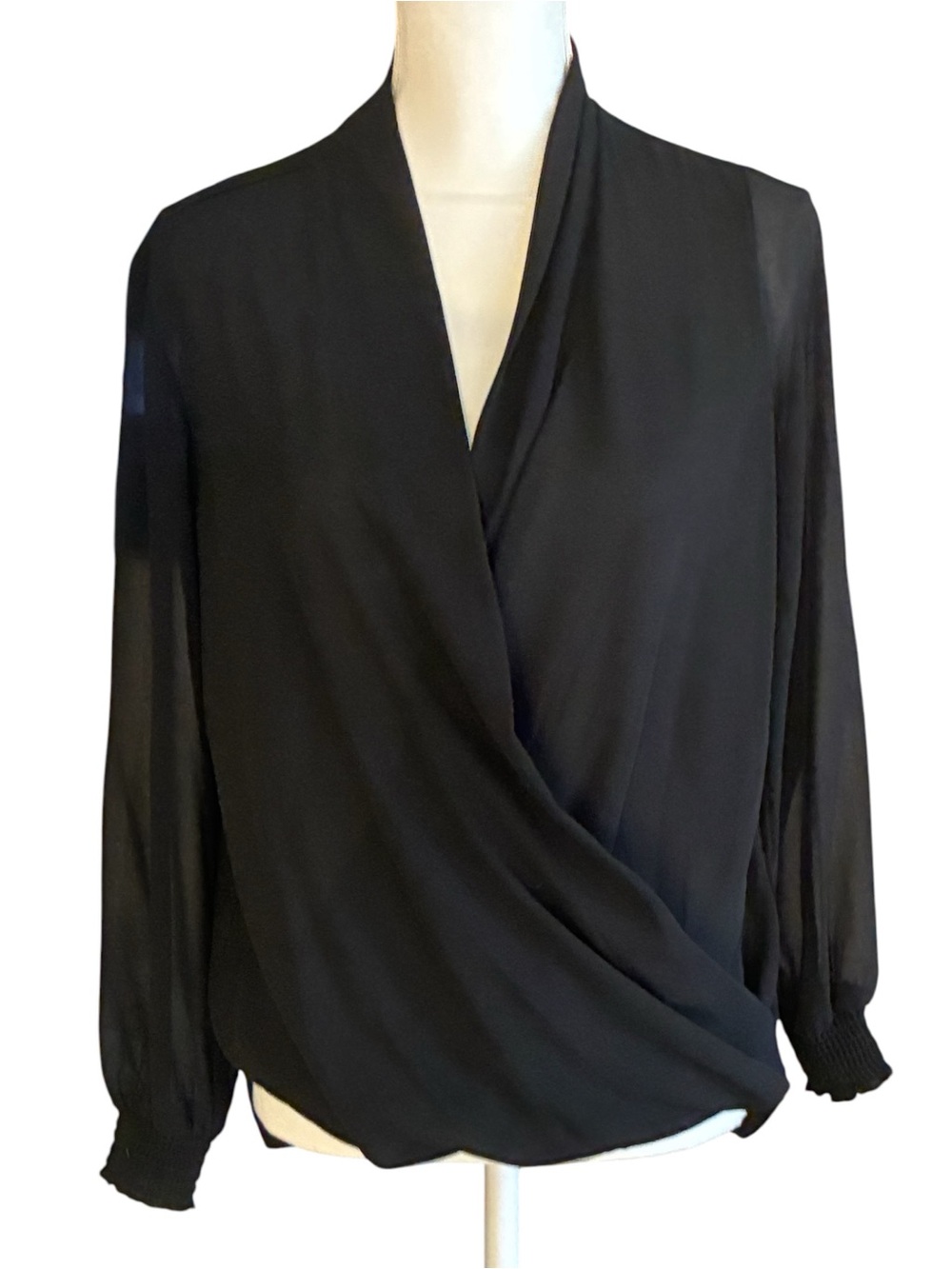 Pleione Black Draped Surplice Blouse Business Casual Minimalist Classic Top S